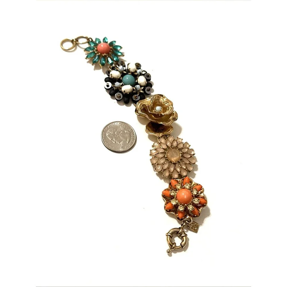 Banana Republic Flower Bouquet Bracelet Gold Tone Floral Statement Link 8
